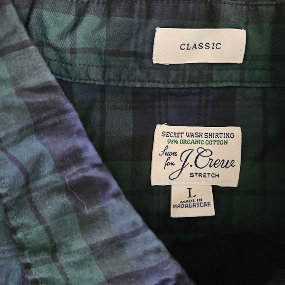 J Crew Shirt Mens Large Green Blue Tartan Plaid Flannel Stretch Fit Button Up - Picture 2 of 14